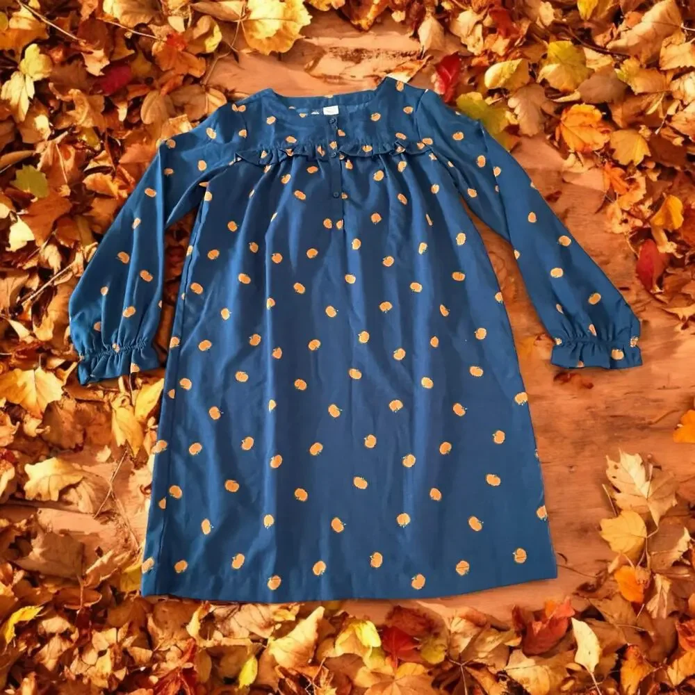 NWT J. Crew Blue Pumpkin Fall Nightdress Ruffles Girls Crewcuts Dress Size XL